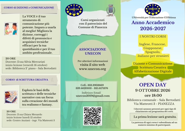 Locandina dei corsi dell'Associazione Unecon per l'anno accademico 2026-2027 a Pianezza