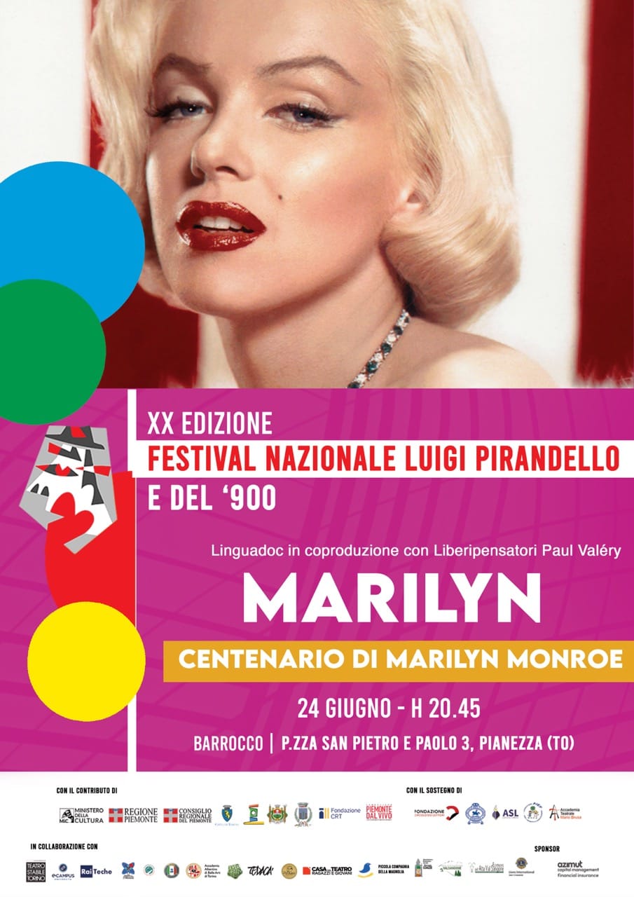 Primo piano di Marilyn Monroe su sfondo rosso con cerchi colorati e loghi istituzionali.