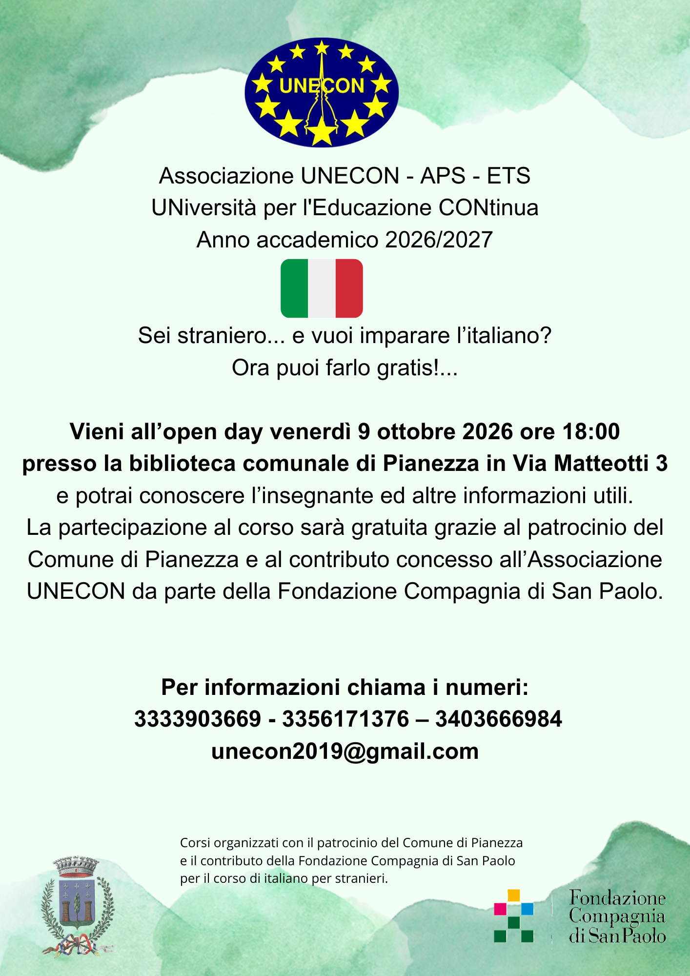 Locandina Open Day corso di italiano per stranieri - Associazione UNECON