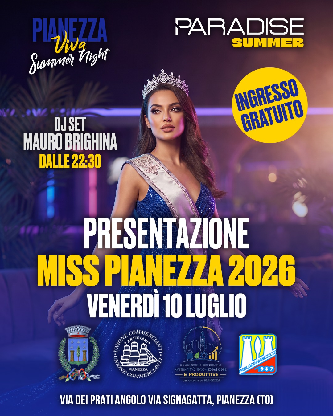 Locandina dell'evento Pianezza Viva Summer Night con una modella in abito da sera blu e corona.
