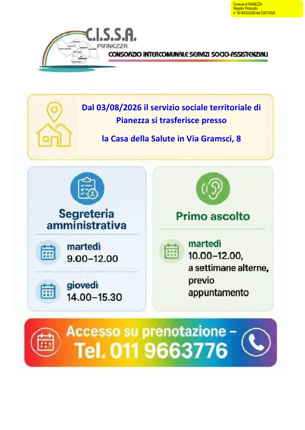 Avviso di trasferimento del servizio sociale territoriale di Pianezza