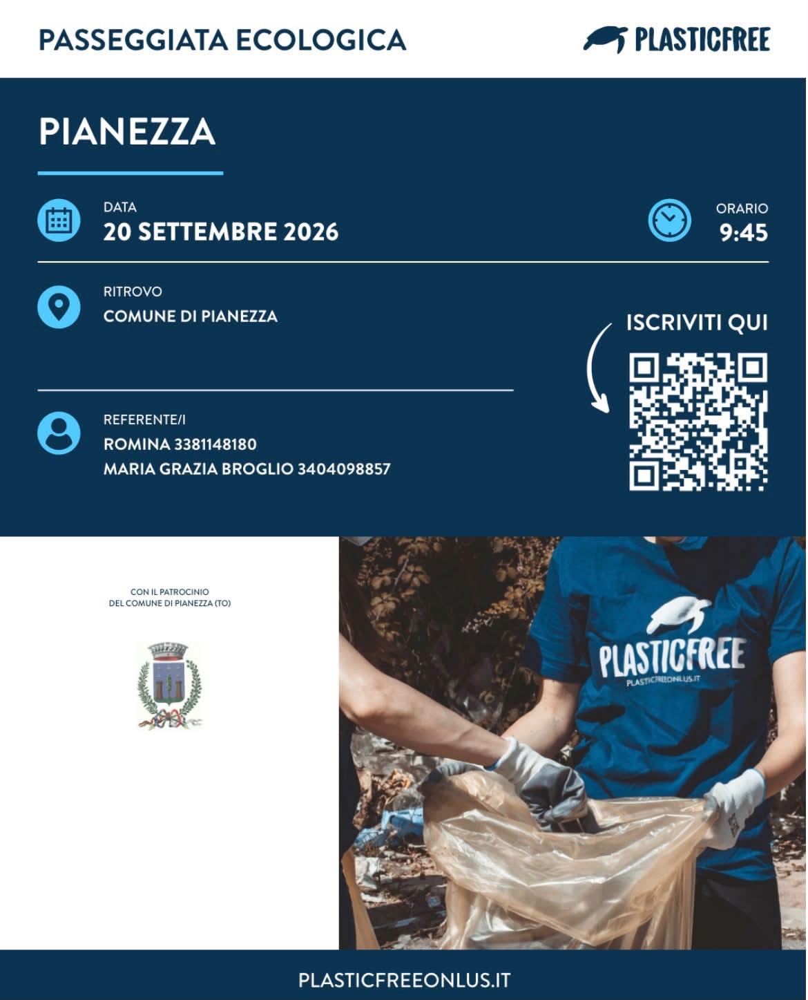 Locandina dell'evento Passeggiata Ecologica a Pianezza il 20 settembre 2026 organizzato da Plastic Free.