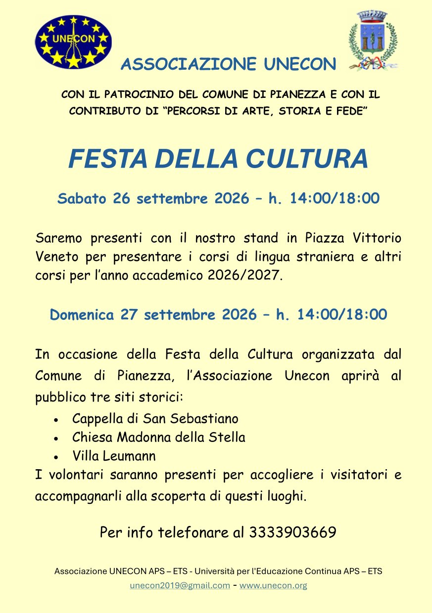 Locandina della Festa della cultura a Pianezza organizzata dall'Associazione Unecon