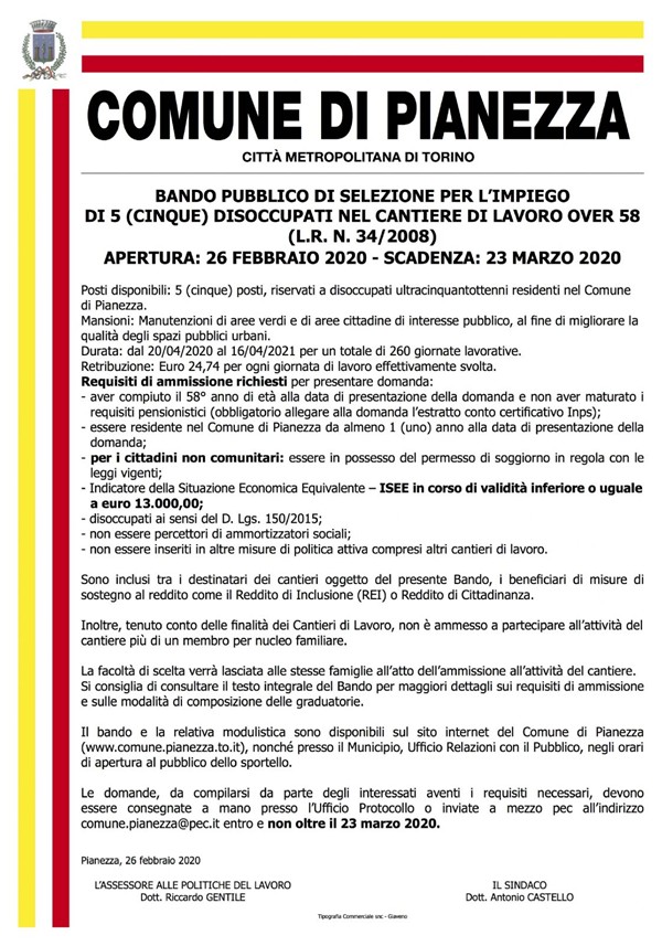 BANDO PUBBLICO DI SELEZIONE PER L'IMPIEGO DI 5 (CINQUE) DISOCCUPATI NEL CANTIERE DI LAVORO (L.R. N.