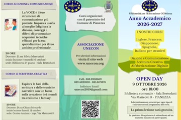 Locandina dei corsi dell'Associazione Unecon per l'anno accademico 2026-2027 a Pianezza
